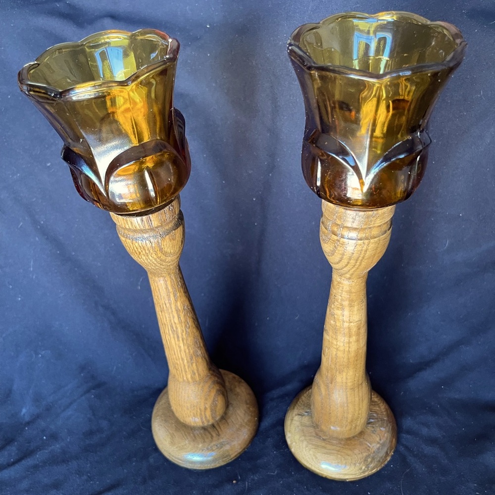Mid century, candlesticks, Homco, amber glass votives